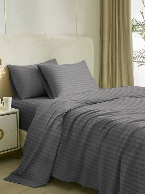 Naksh 210 TC Stripes Fitted Queen Grey Cotton