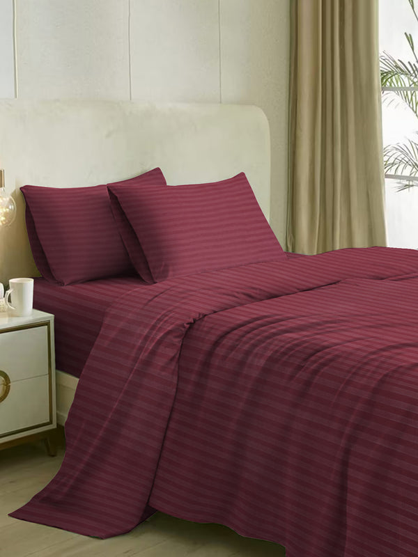 Naksh 210 TC Stripes Fitted Queen Wine Cotton