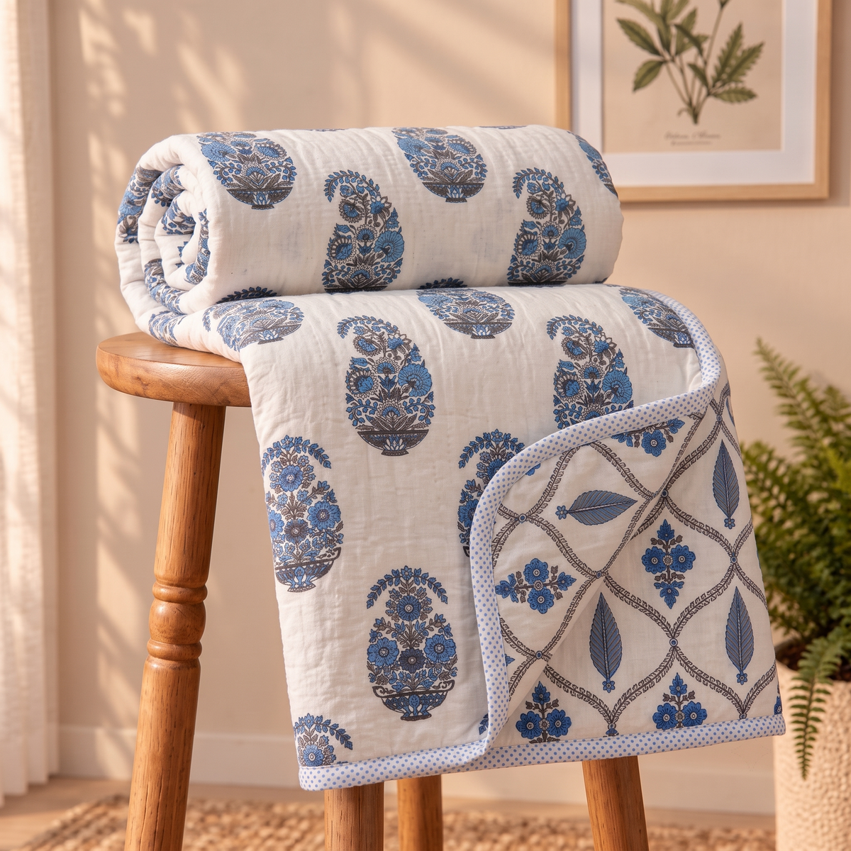 Naksh Royal Sajawat Reversible Dohar - Blue & Grey Floral (Blue)