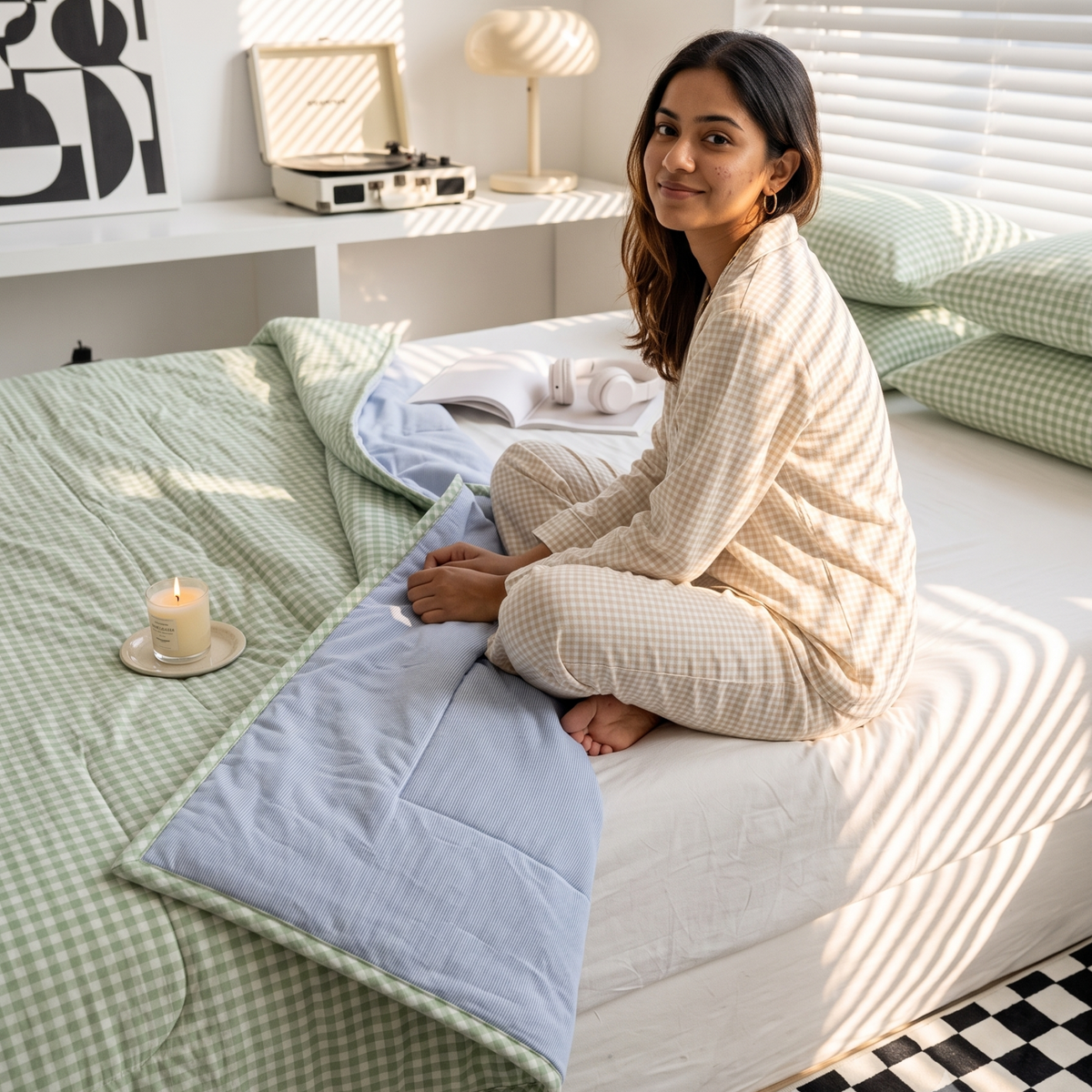 Naksh Seoul Soul Green-Rain Gingham Check Reversible Dohar