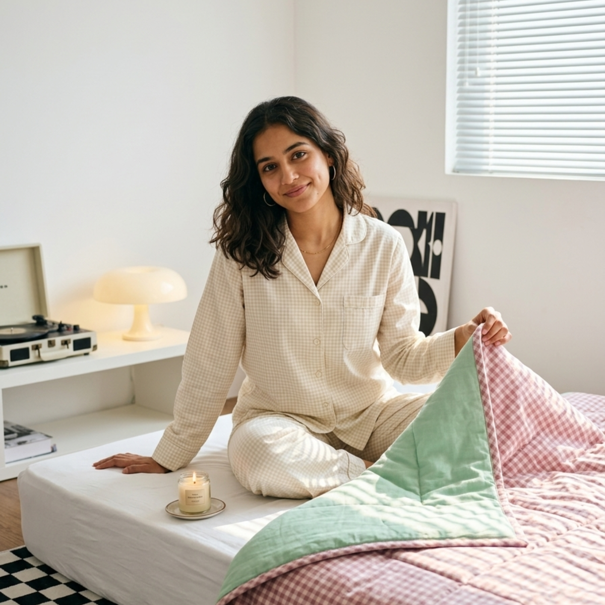 Naksh Seoul Soul Rose-Pistachio Gingham Check Reversible Dohar