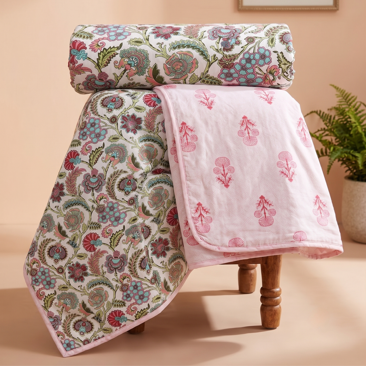 Naksh Royal Sajawat Reversible Dohar - Coral & Teal Floral (Pink)