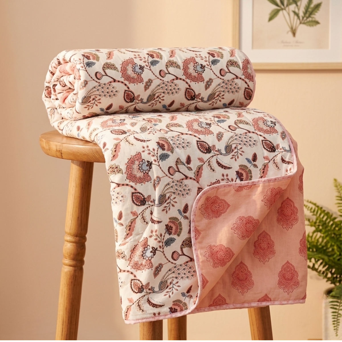 Naksh Royal Sajawat Reversible Dohar - Peach & Dusty Blue Floral (Pink)