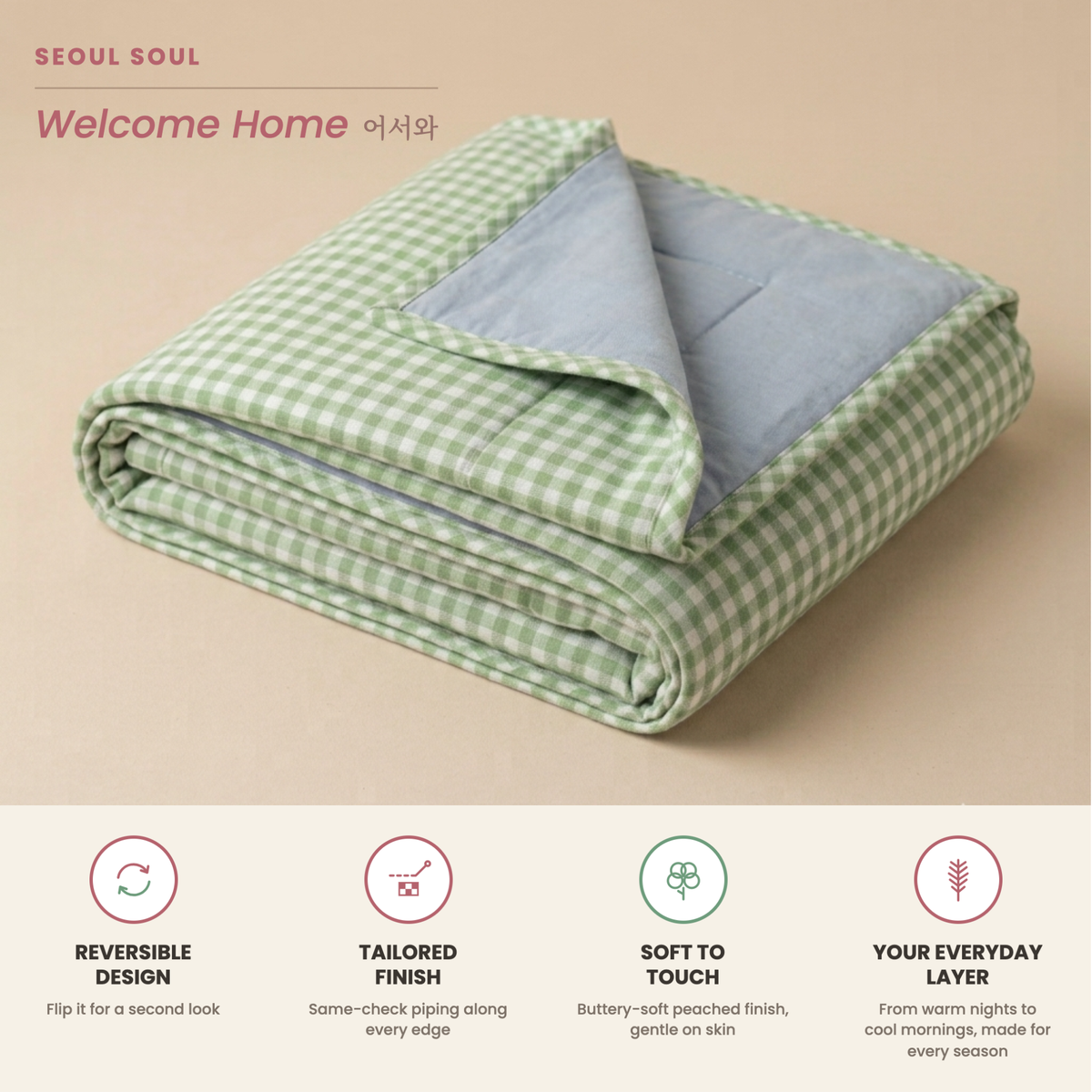 Naksh Seoul Soul Green-Rain Gingham Check Reversible Dohar