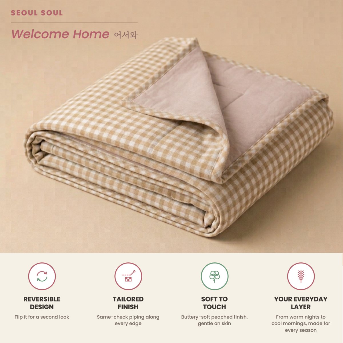 Naksh Seoul Soul Beige-Almond Silk Gingham Check Reversible Dohar