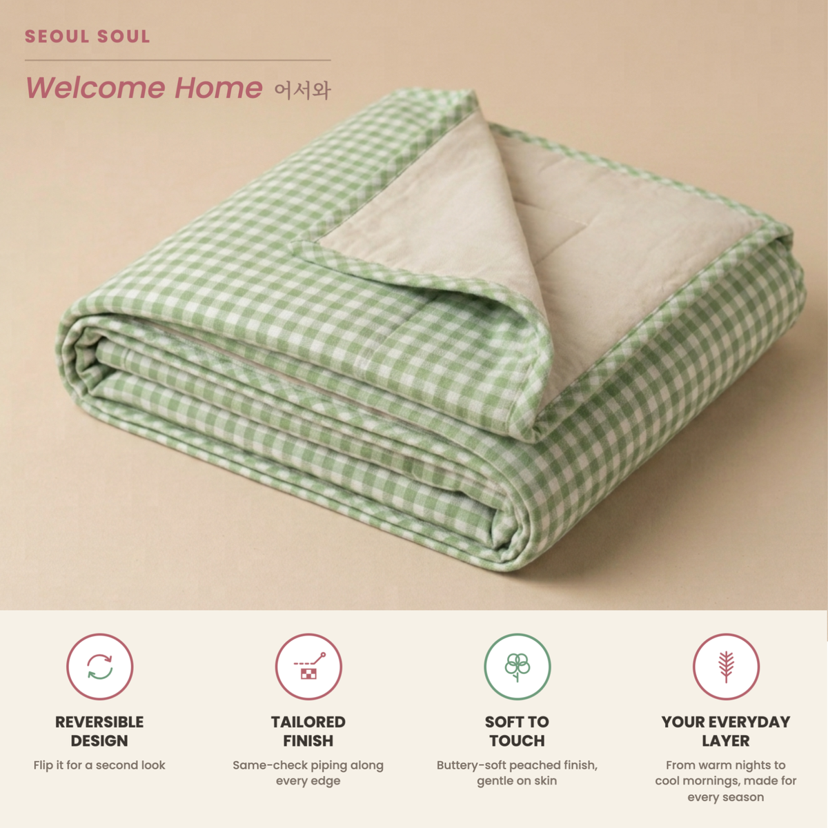 Naksh Seoul Soul Green-Oat Milk Gingham Check Reversible Dohar