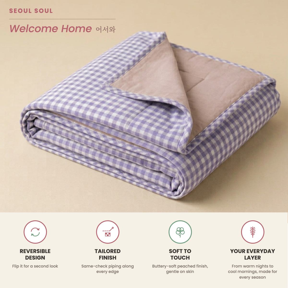 Naksh Seoul Soul Lavender-Almond Silk Gingham Check Reversible Dohar
