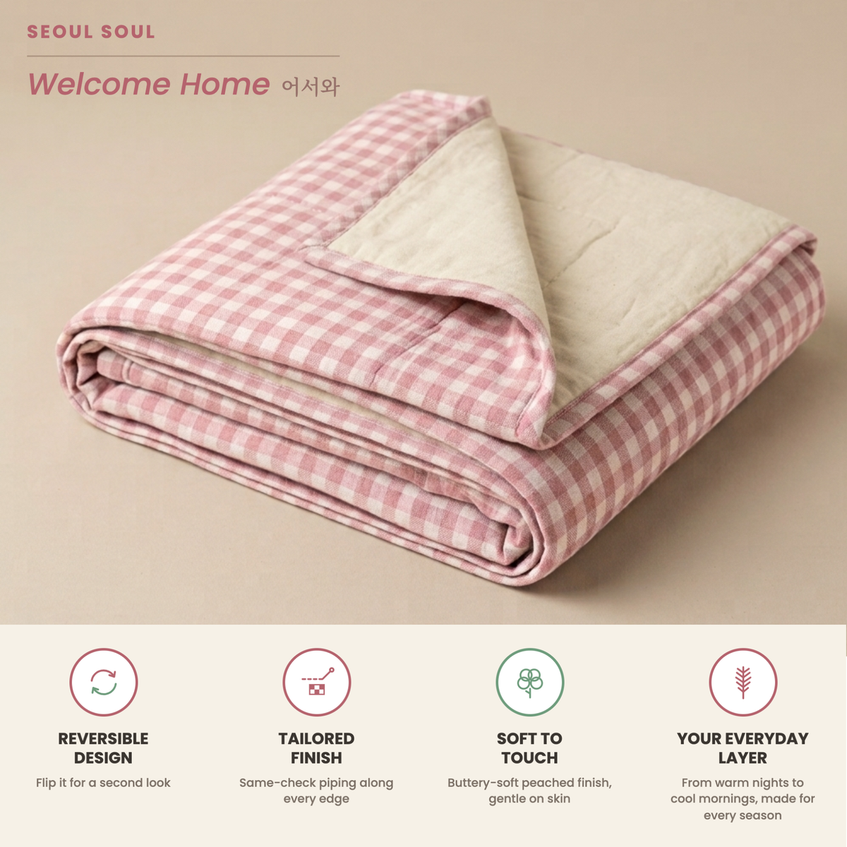 Naksh Seoul Soul Rose-Oat Milk Gingham Check Reversible Dohar