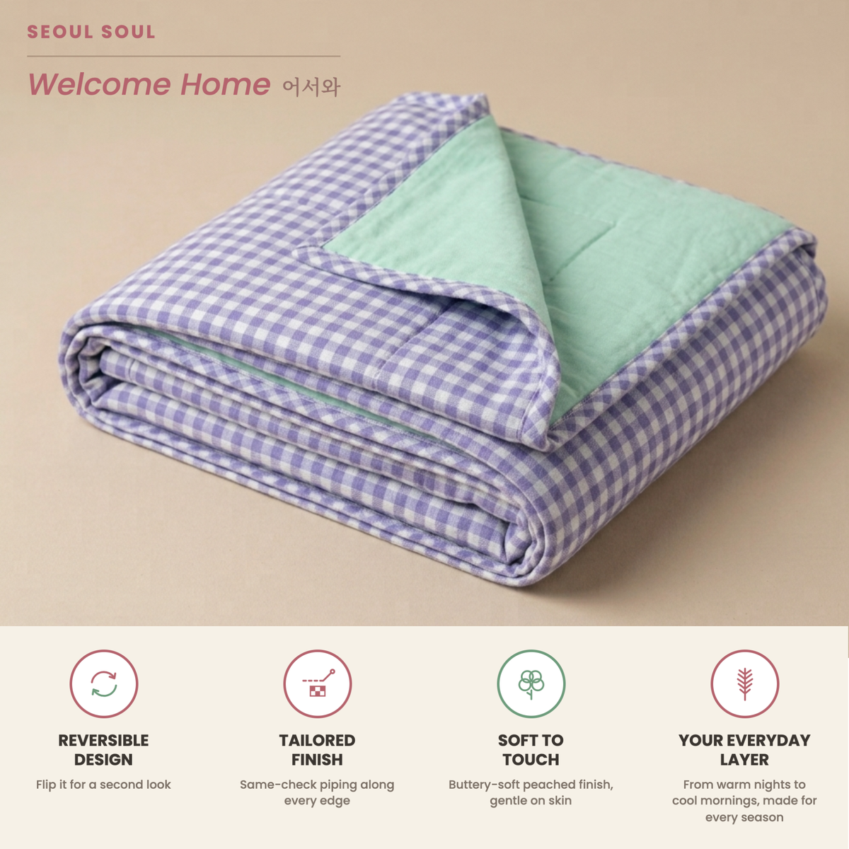 Naksh Seoul Soul Lavender-Pistachio Gingham Check Reversible Dohar