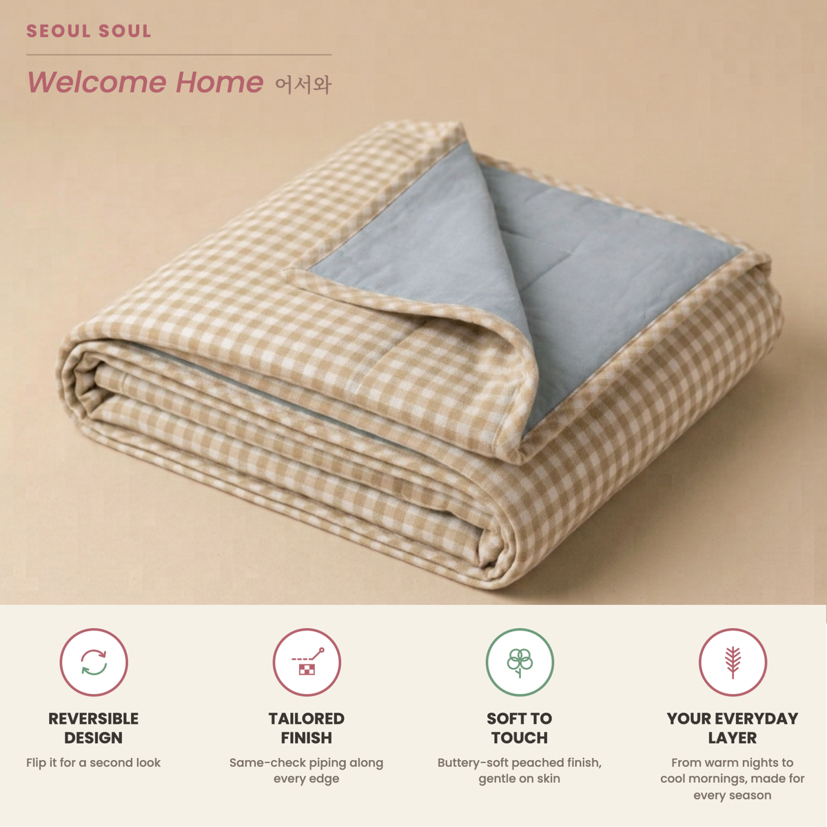 Naksh Seoul Soul Beige-Rain Gingham Check Reversible Dohar