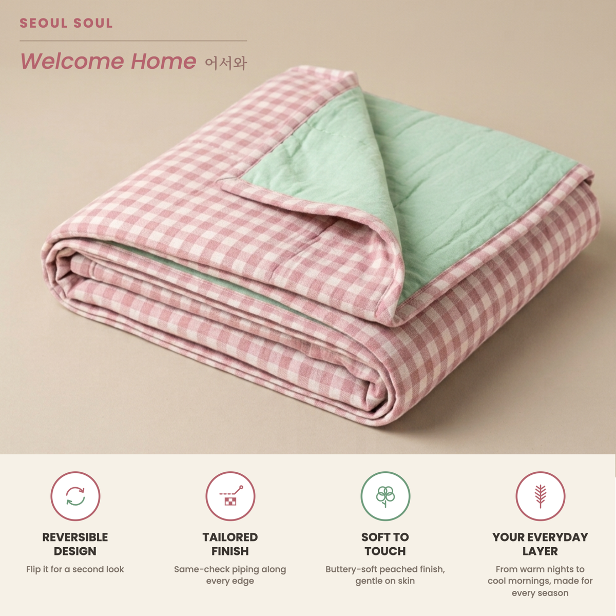 Naksh Seoul Soul Rose-Pistachio Gingham Check Reversible Dohar