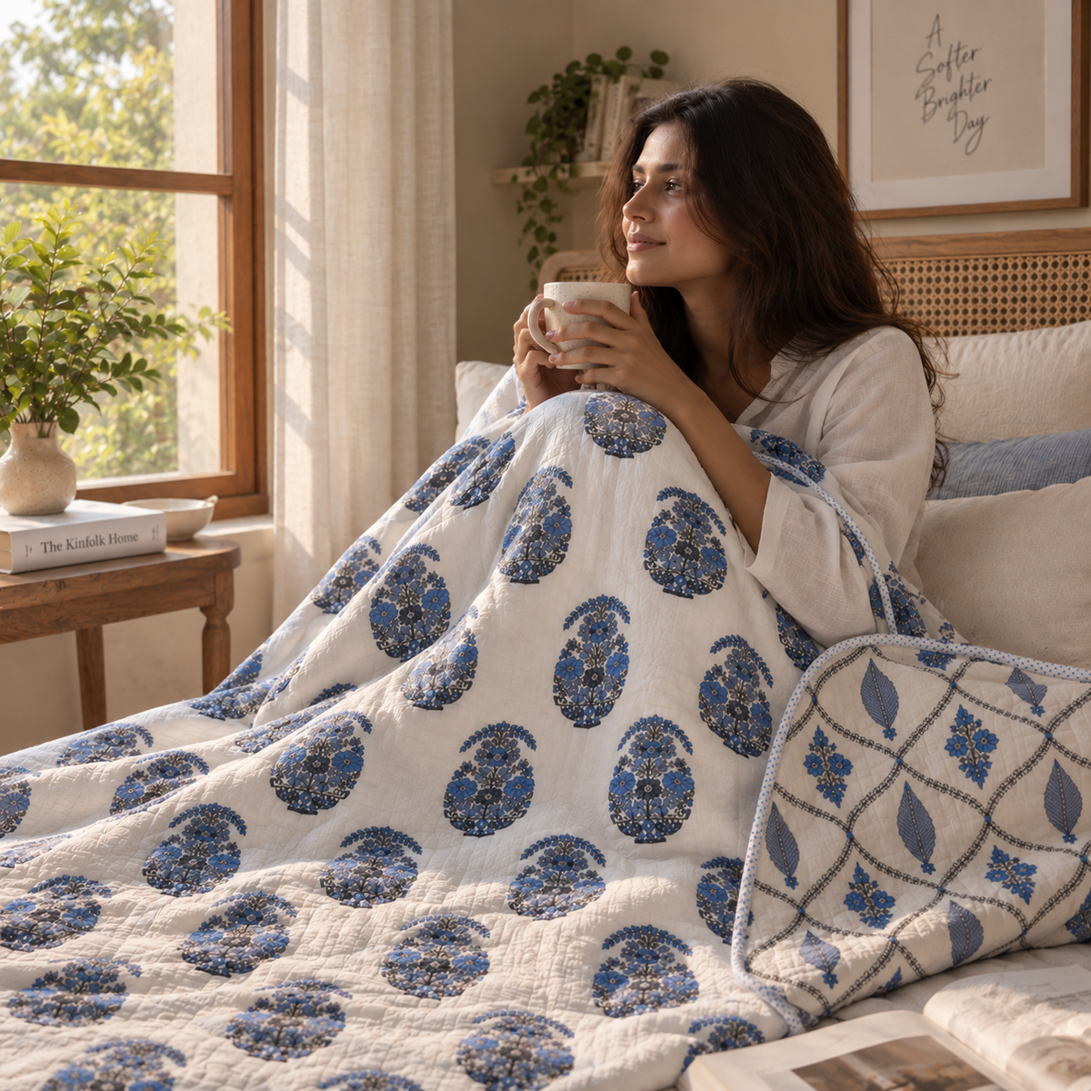 Naksh Royal Sajawat Reversible Dohar - Blue & Grey Floral (Blue)