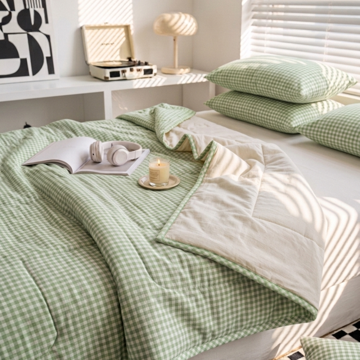 Naksh Seoul Soul Green-Oat Milk Gingham Check Reversible Dohar