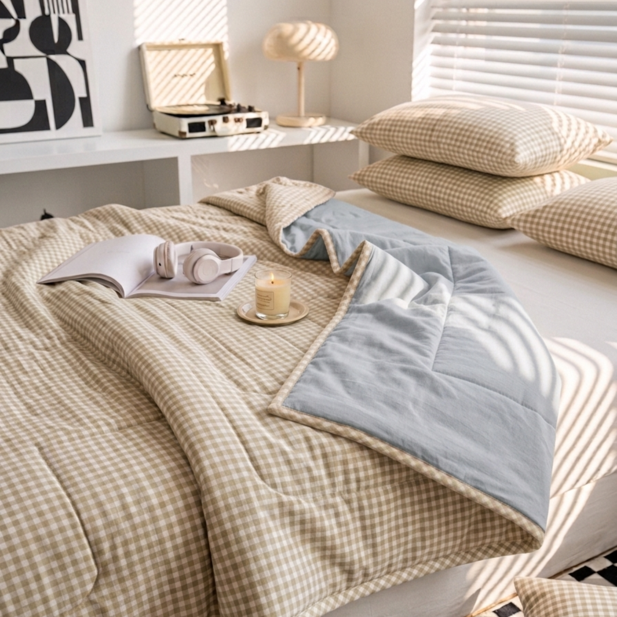 Naksh Seoul Soul Beige-Rain Gingham Check Reversible Dohar