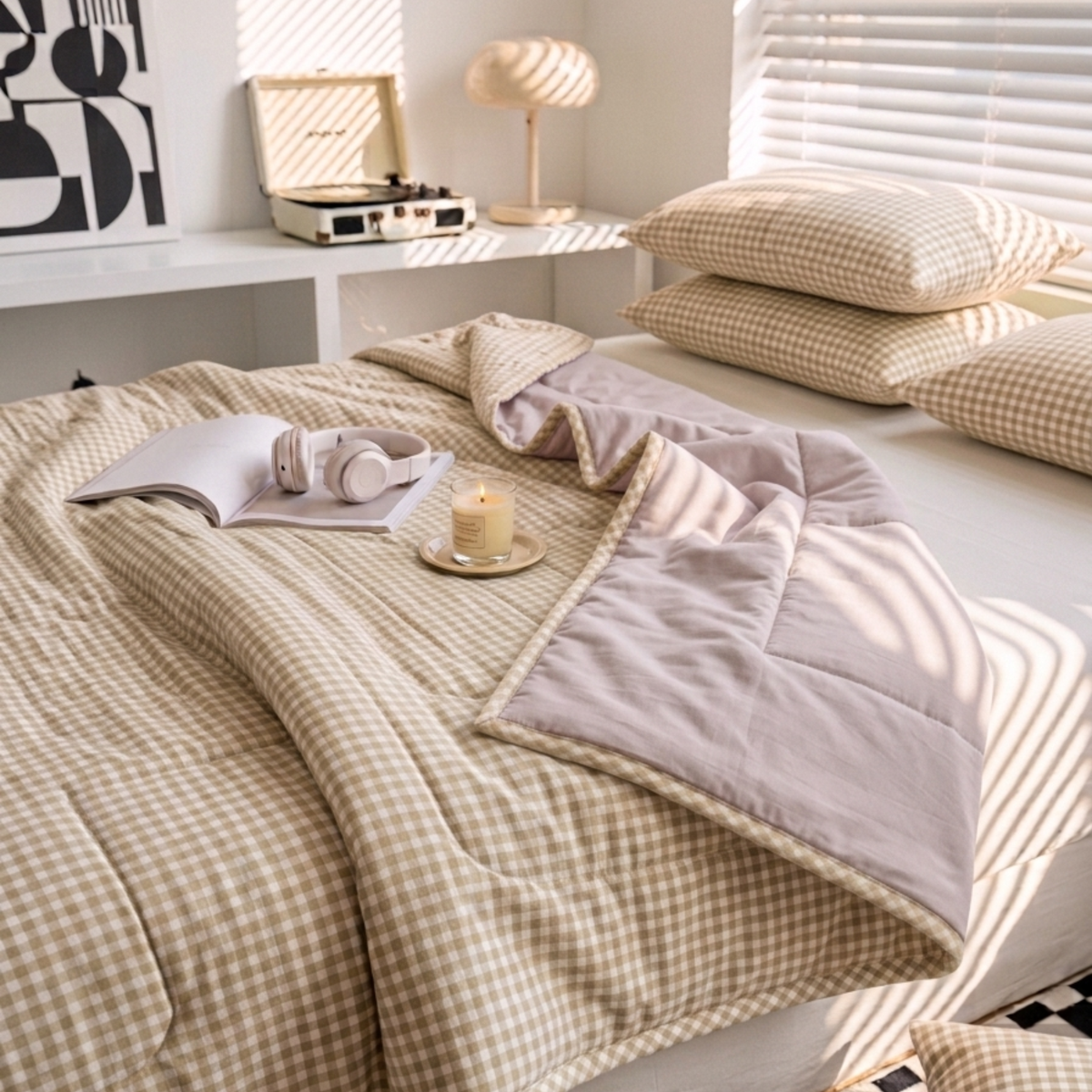 Naksh Seoul Soul Beige-Almond Silk Gingham Check Reversible Dohar