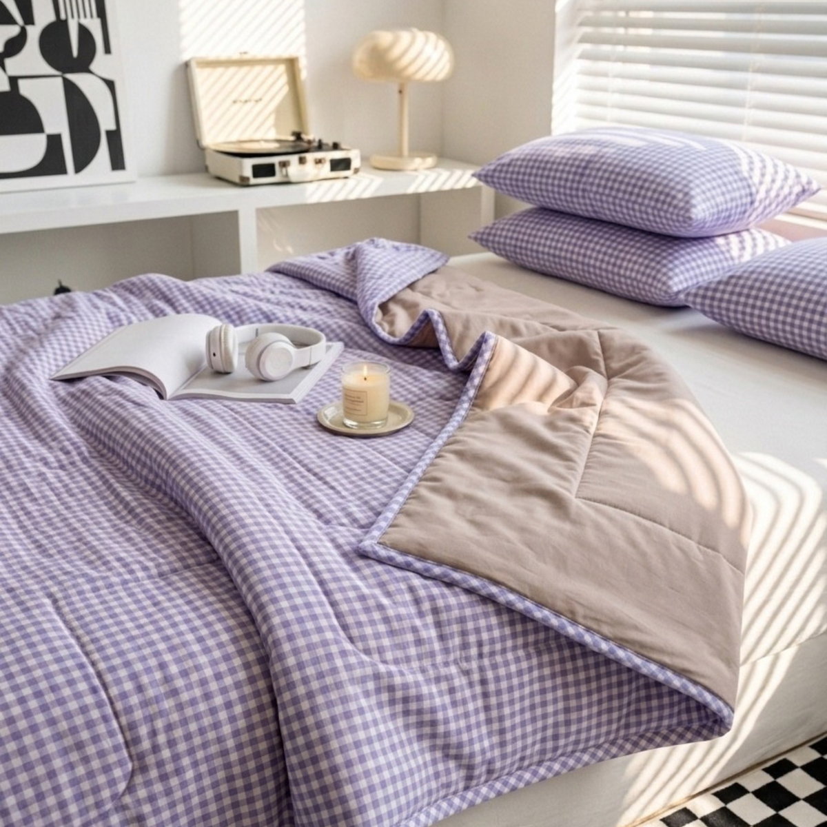 Naksh Seoul Soul Lavender-Almond Silk Gingham Check Reversible Dohar