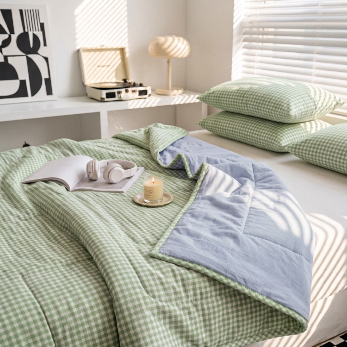 Naksh Seoul Soul Green-Rain Gingham Check Reversible Dohar