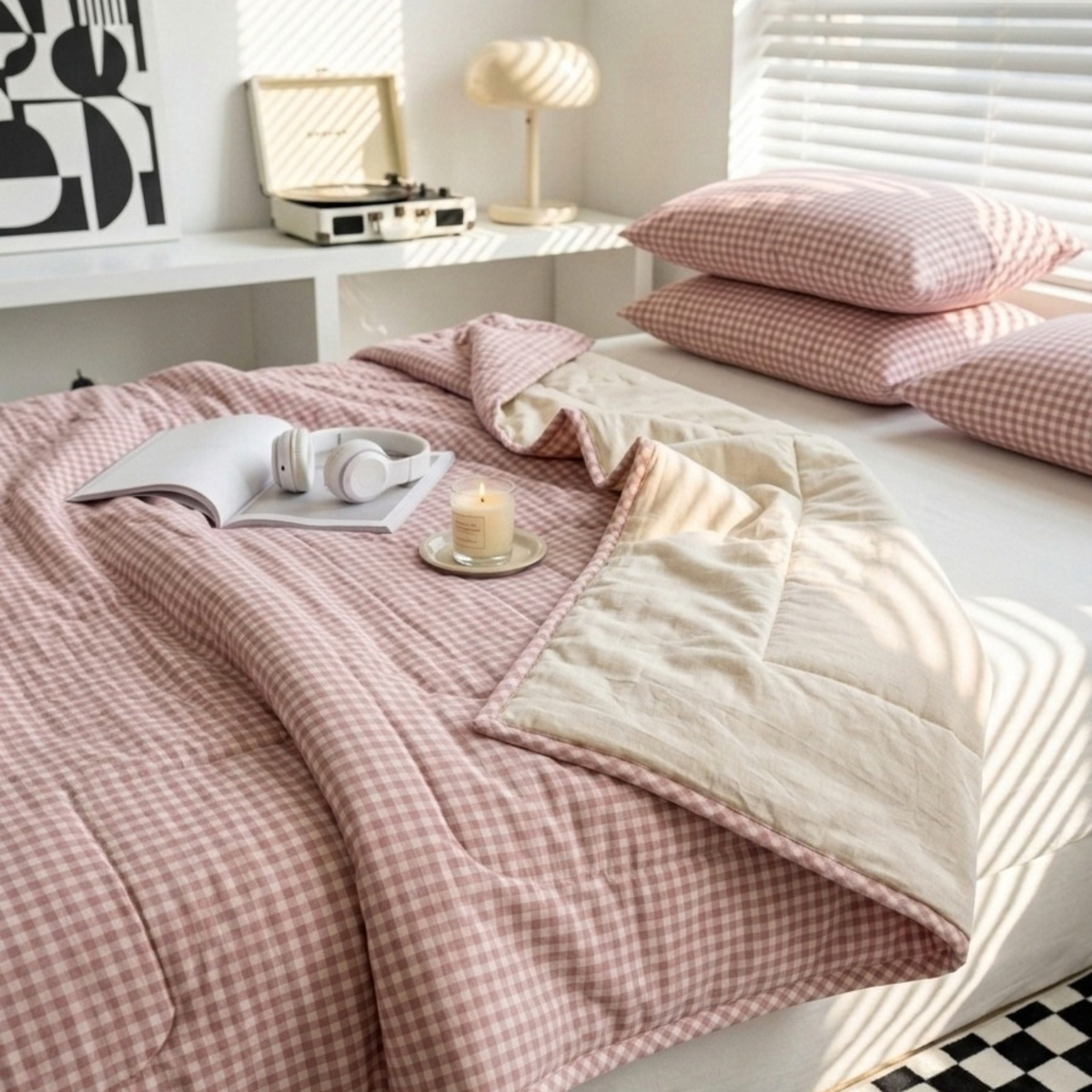 Naksh Seoul Soul Rose-Oat Milk Gingham Check Reversible Dohar