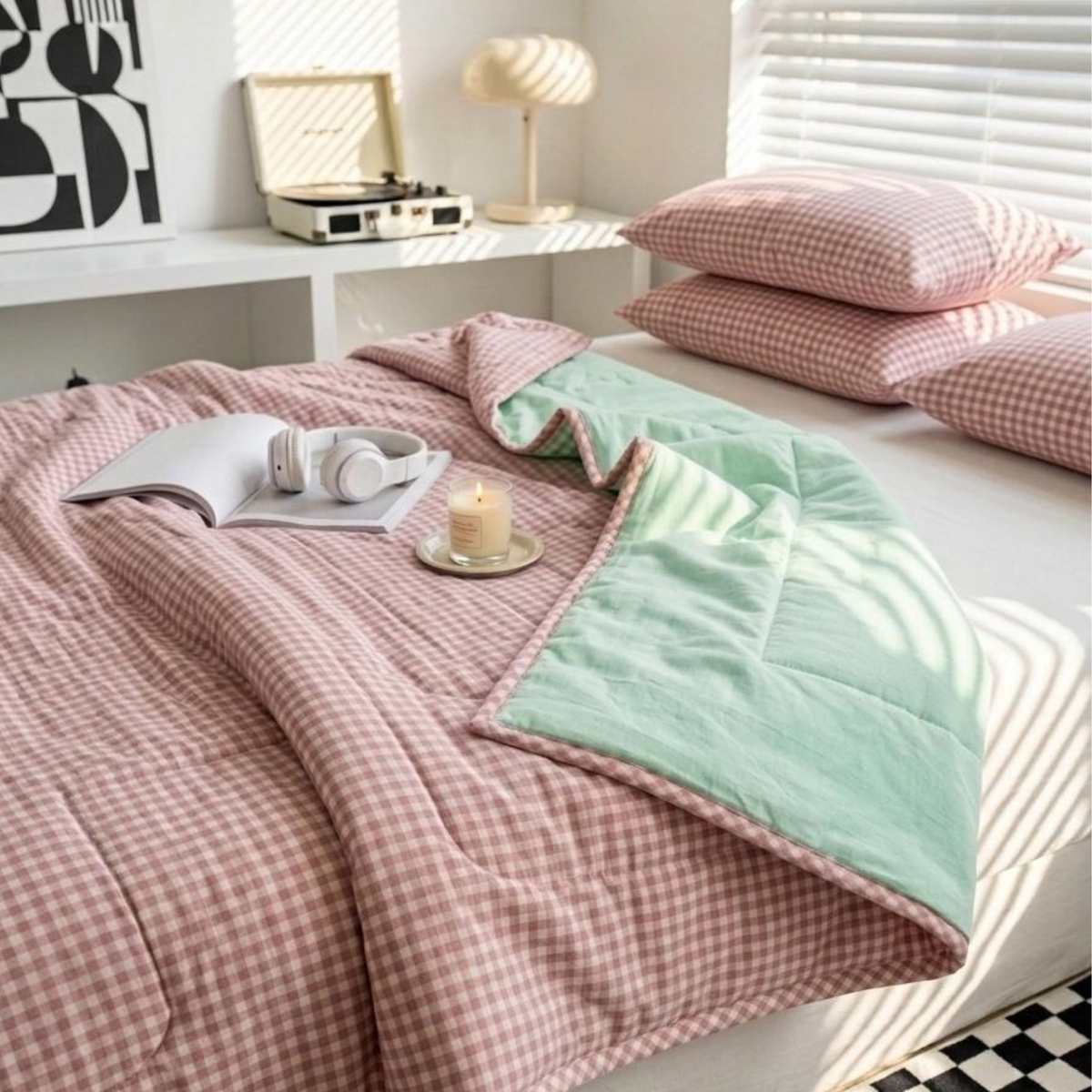 Naksh Seoul Soul Rose-Pistachio Gingham Check Reversible Dohar