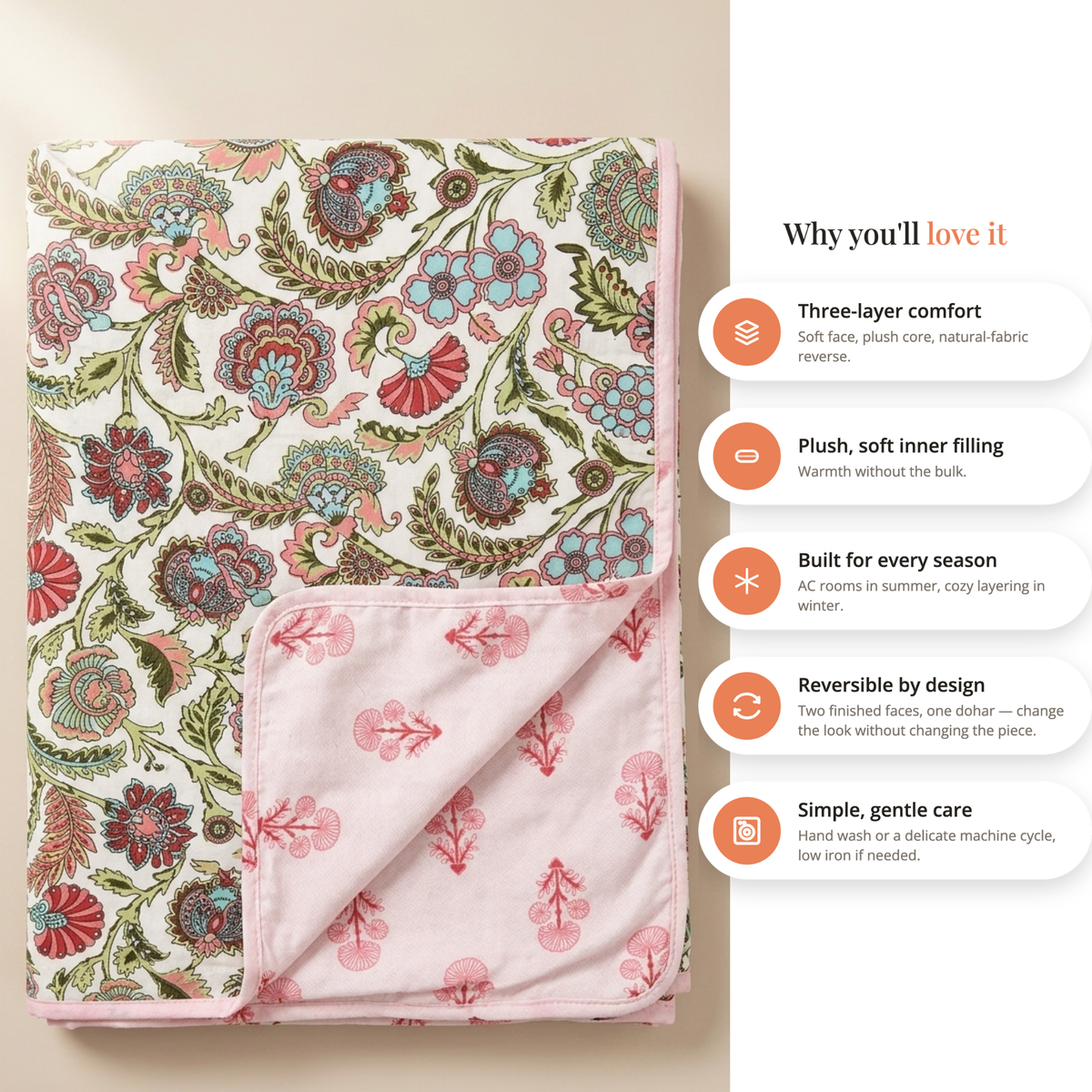Naksh Royal Sajawat Reversible Dohar - Coral & Teal Floral (Pink)