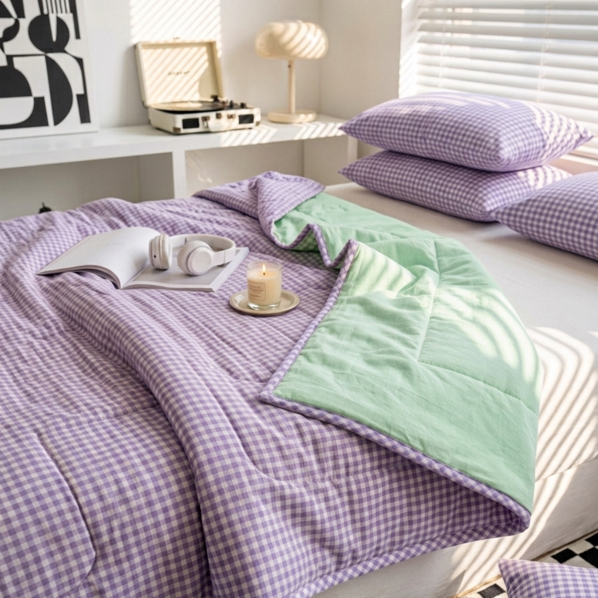 Naksh Seoul Soul Lavender-Pistachio Gingham Check Reversible Dohar