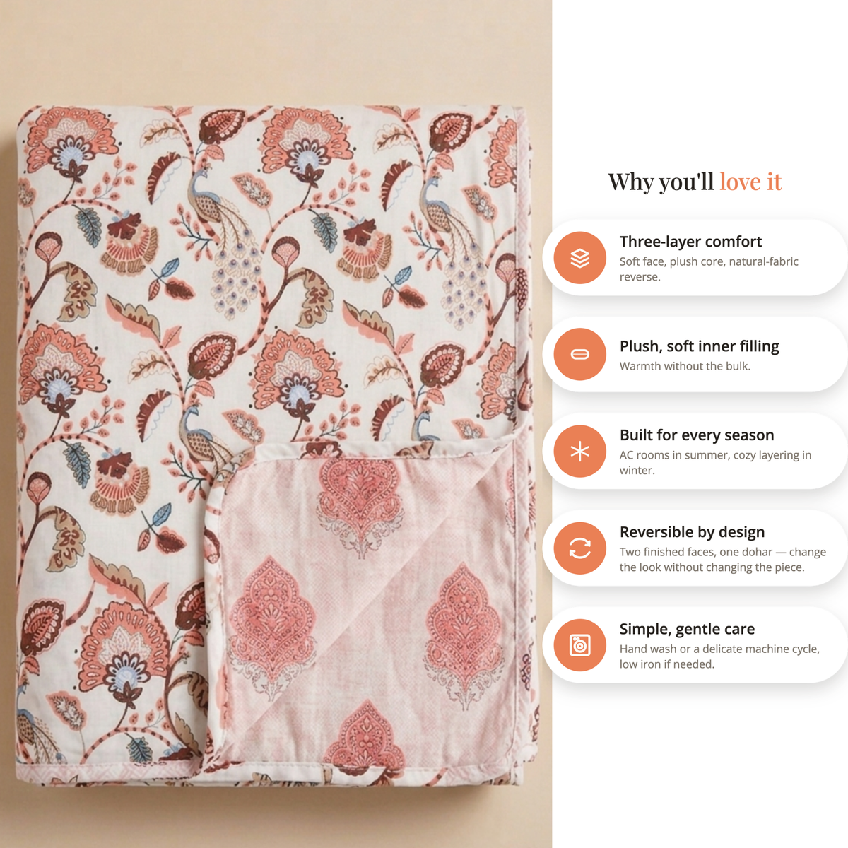Naksh Royal Sajawat Reversible Dohar - Peach & Dusty Blue Floral (Pink)