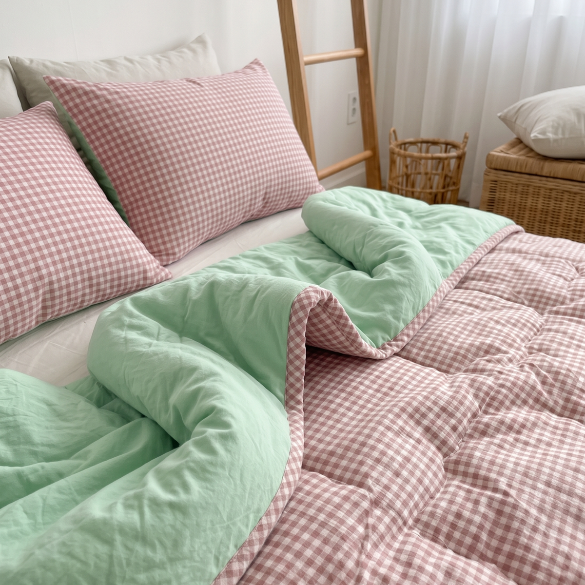 Naksh Seoul Soul Rose-Pistachio Gingham Check Reversible Dohar