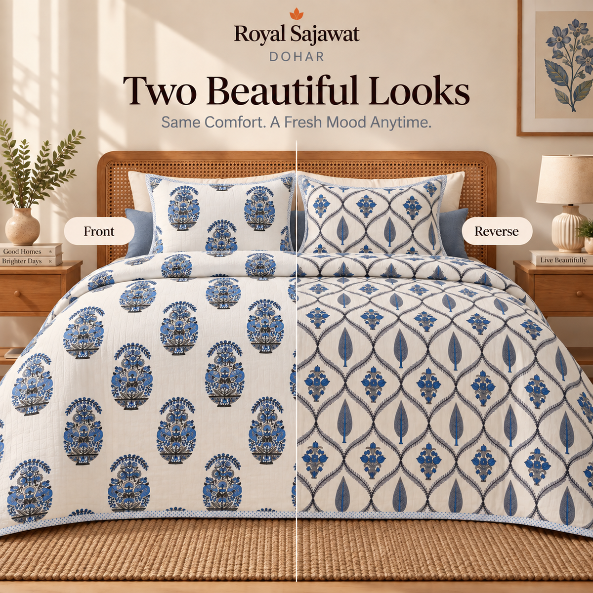 Naksh Royal Sajawat Reversible Dohar - Blue & Grey Floral (Blue)