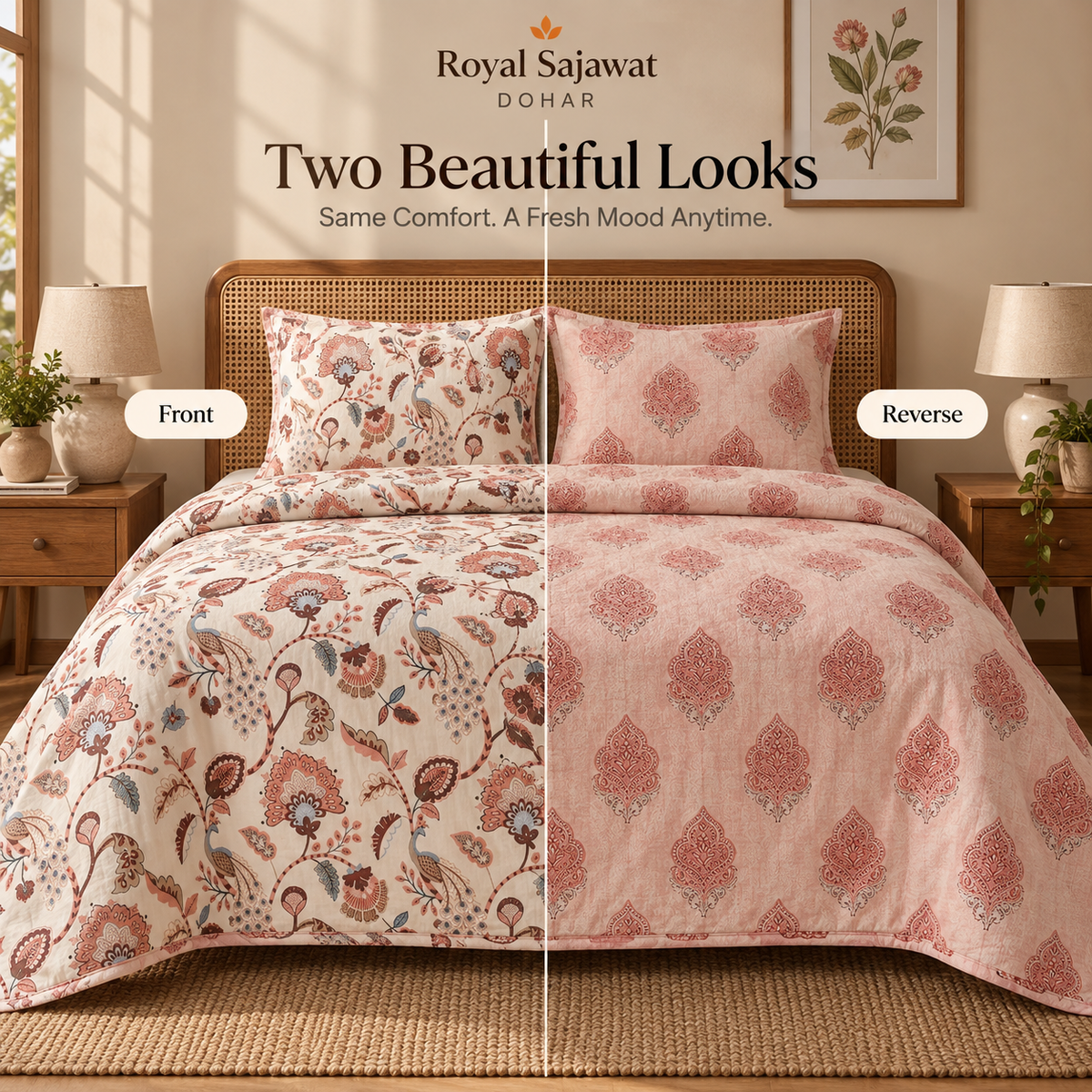 Naksh Royal Sajawat Reversible Dohar - Peach & Dusty Blue Floral (Pink)