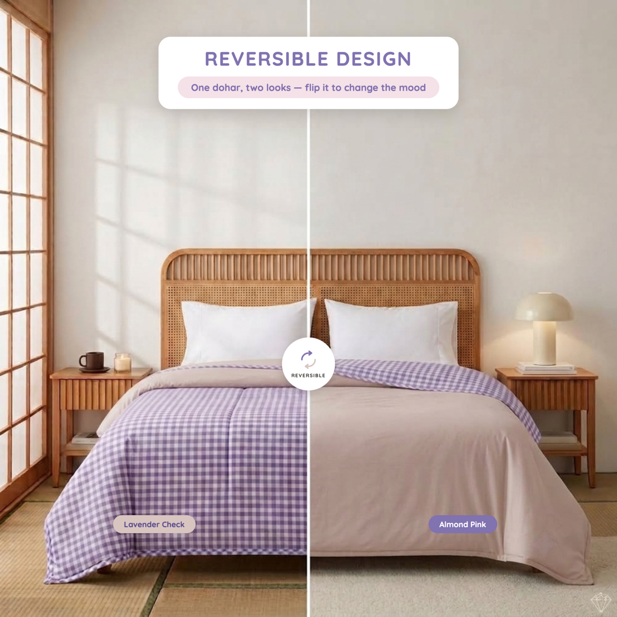 Naksh Seoul Soul Lavender-Almond Silk Gingham Check Reversible Dohar
