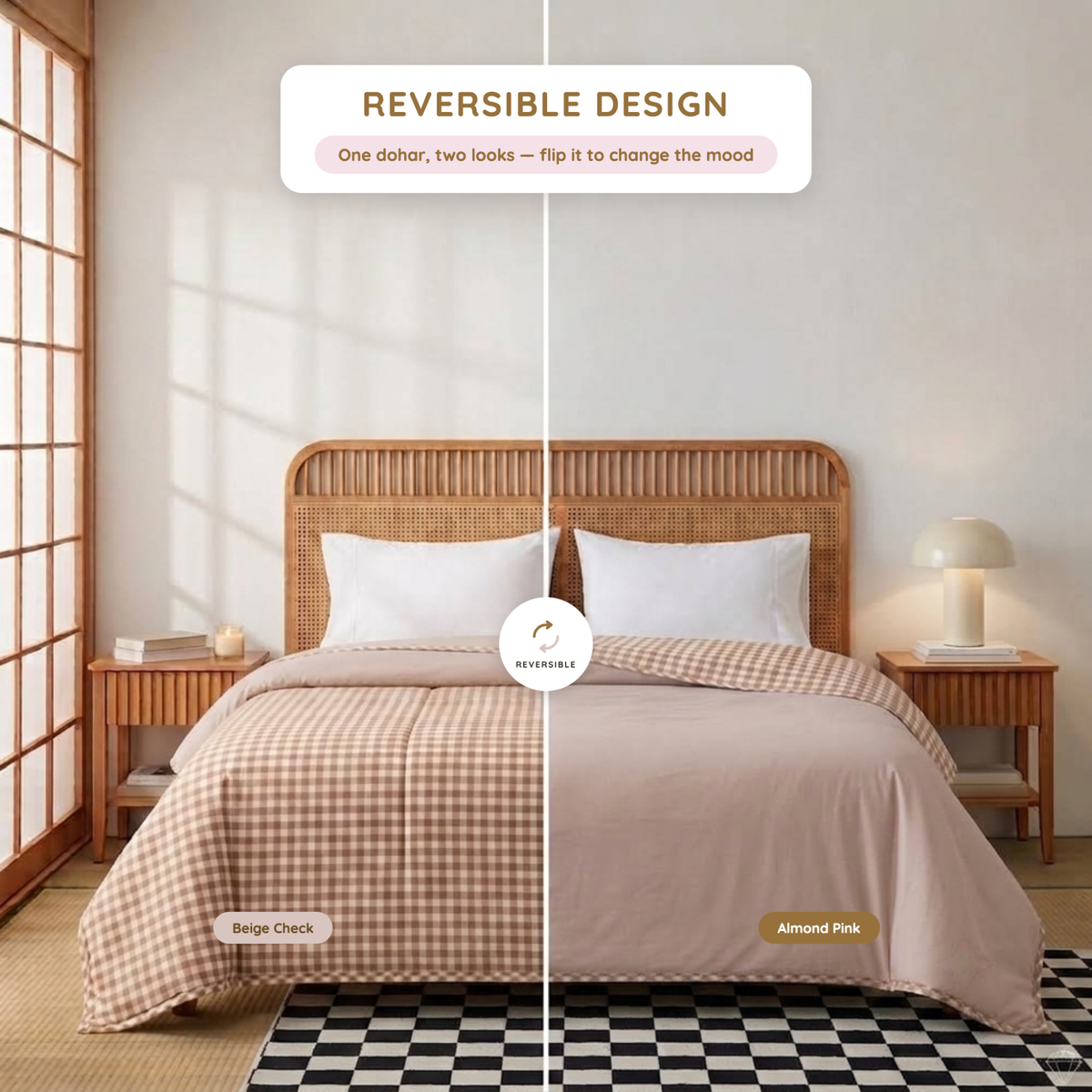 Naksh Seoul Soul Beige-Almond Silk Gingham Check Reversible Dohar