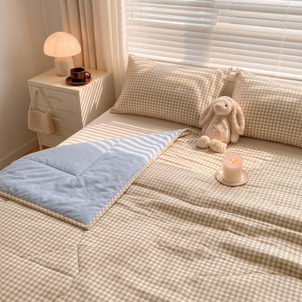 Naksh Seoul Soul Beige-Rain Gingham Check Reversible Dohar