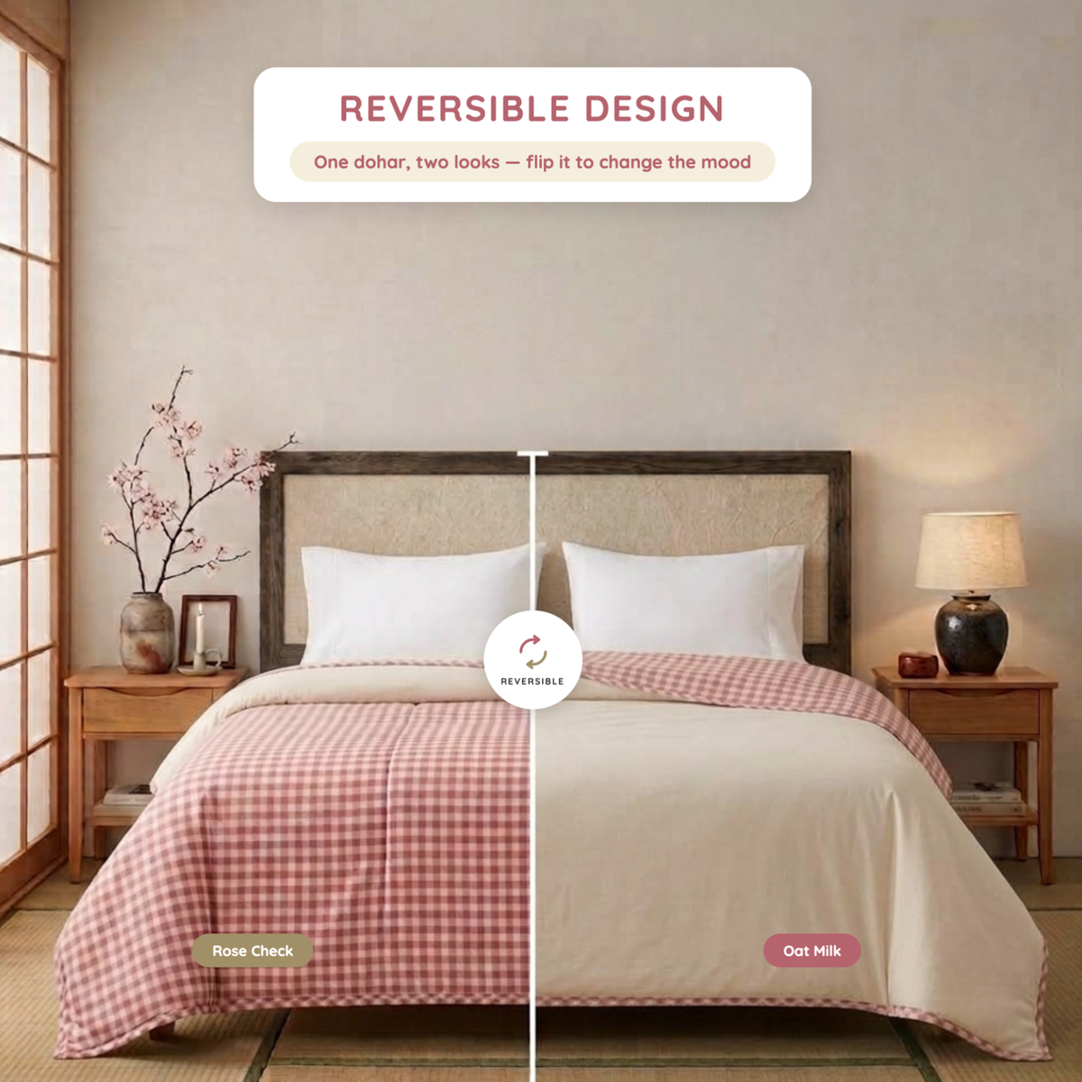 Naksh Seoul Soul Rose-Oat Milk Gingham Check Reversible Dohar