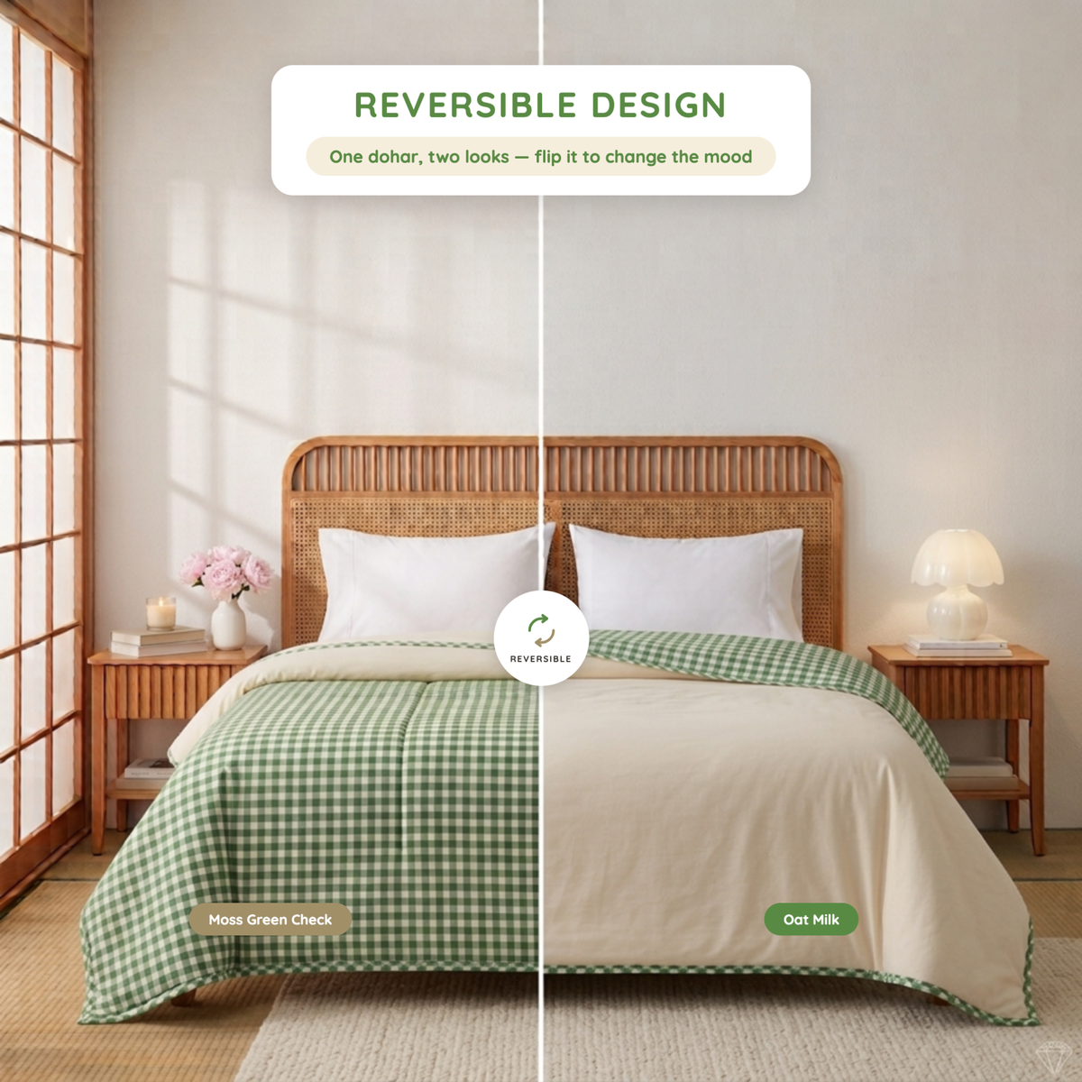 Naksh Seoul Soul Green-Oat Milk Gingham Check Reversible Dohar