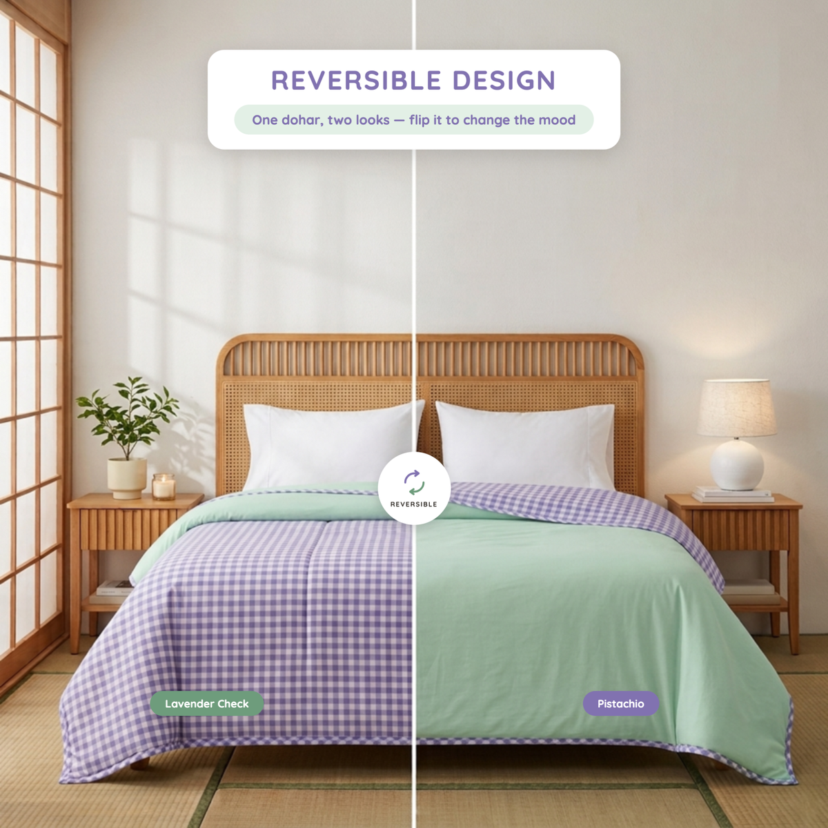 Naksh Seoul Soul Lavender-Pistachio Gingham Check Reversible Dohar