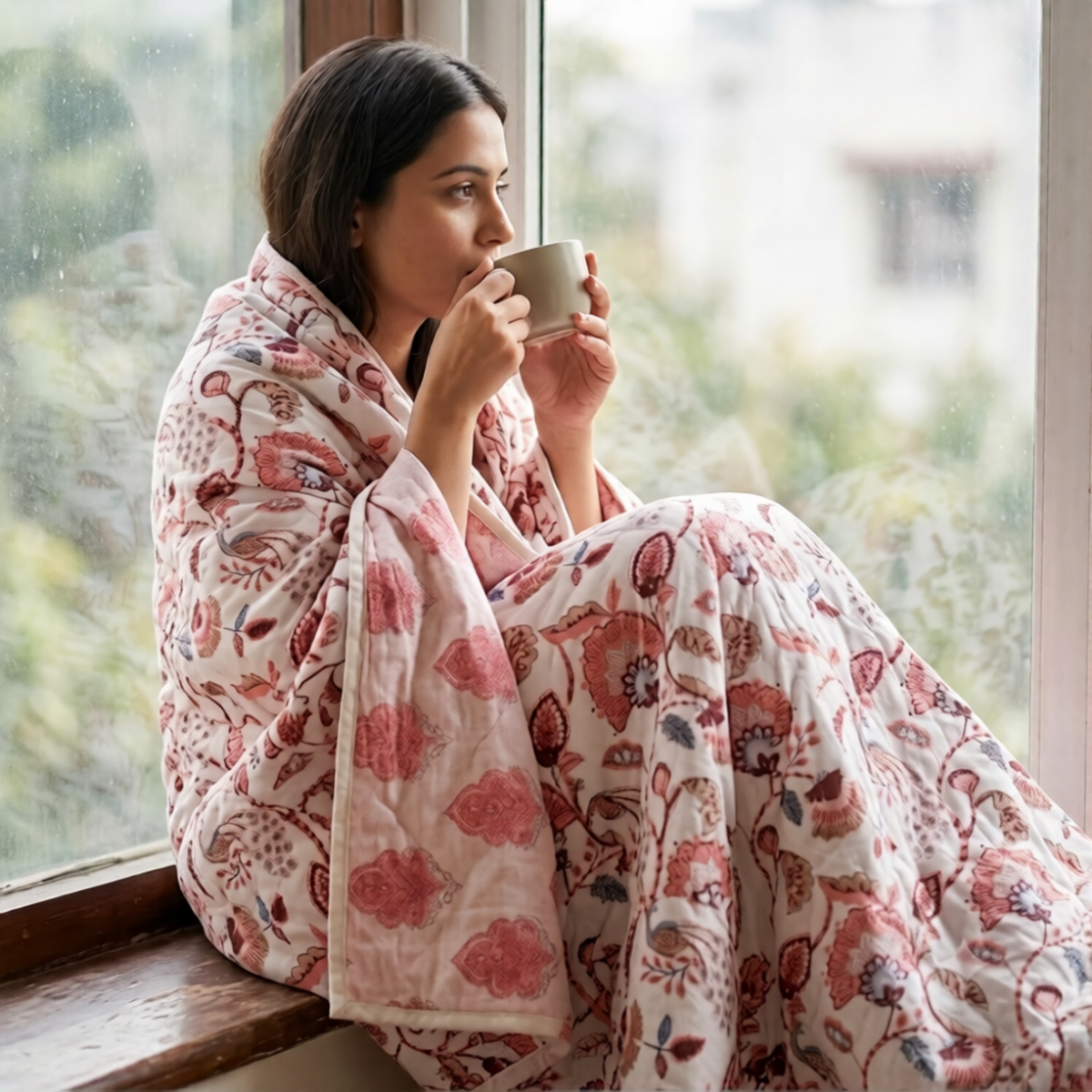 Naksh Royal Sajawat Reversible Dohar - Peach & Dusty Blue Floral (Pink)