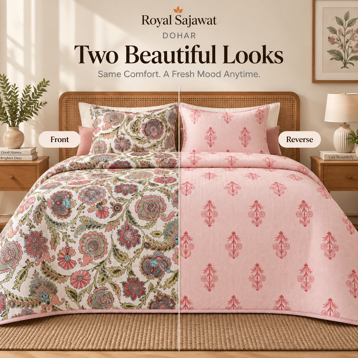 Naksh Royal Sajawat Reversible Dohar - Coral & Teal Floral (Pink)