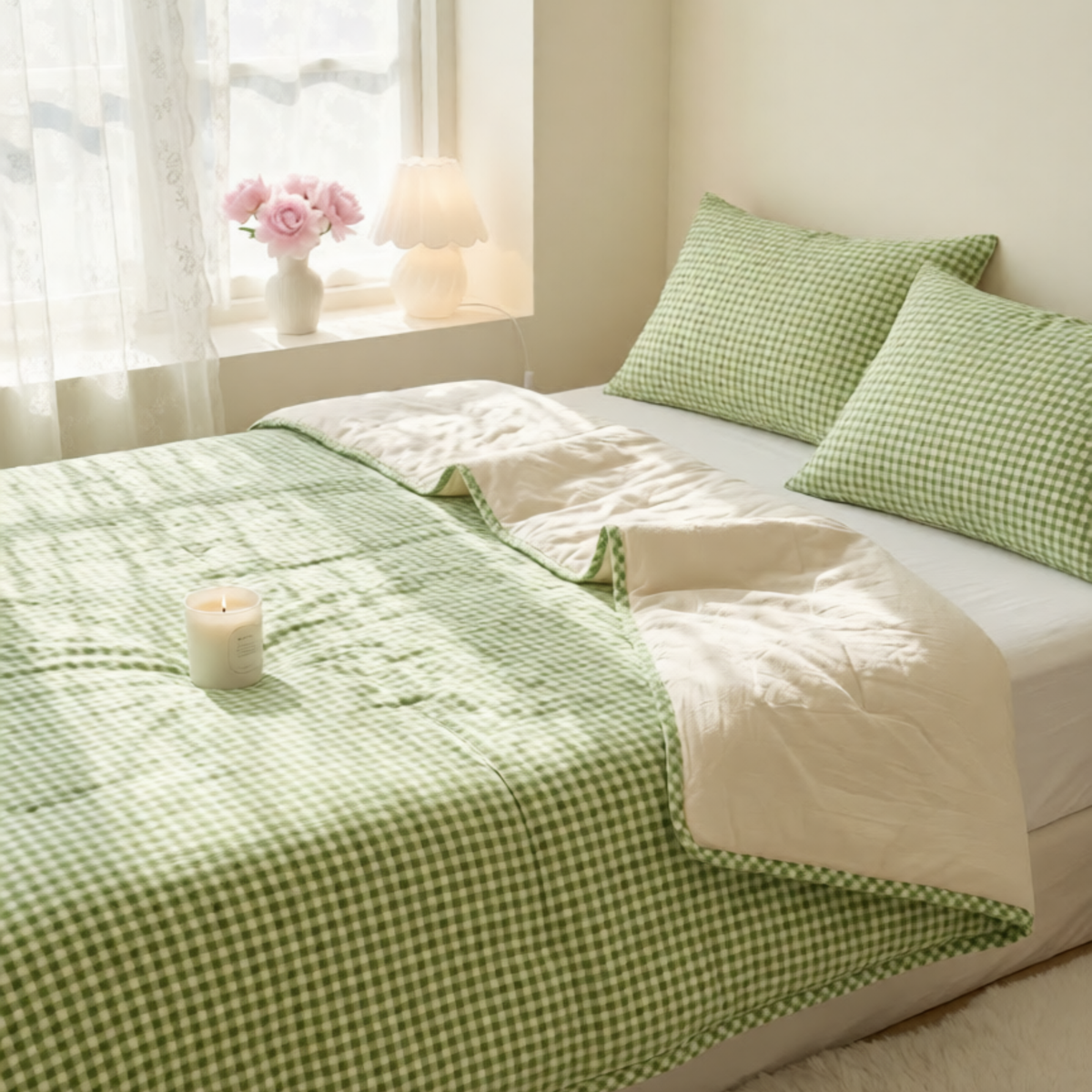 Naksh Seoul Soul Green-Oat Milk Gingham Check Reversible Dohar