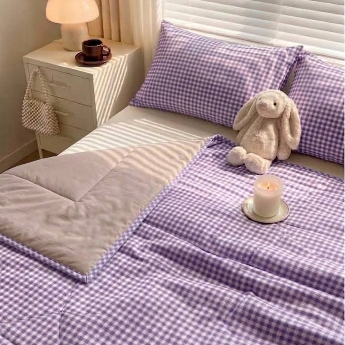Naksh Seoul Soul Lavender-Almond Silk Gingham Check Reversible Dohar