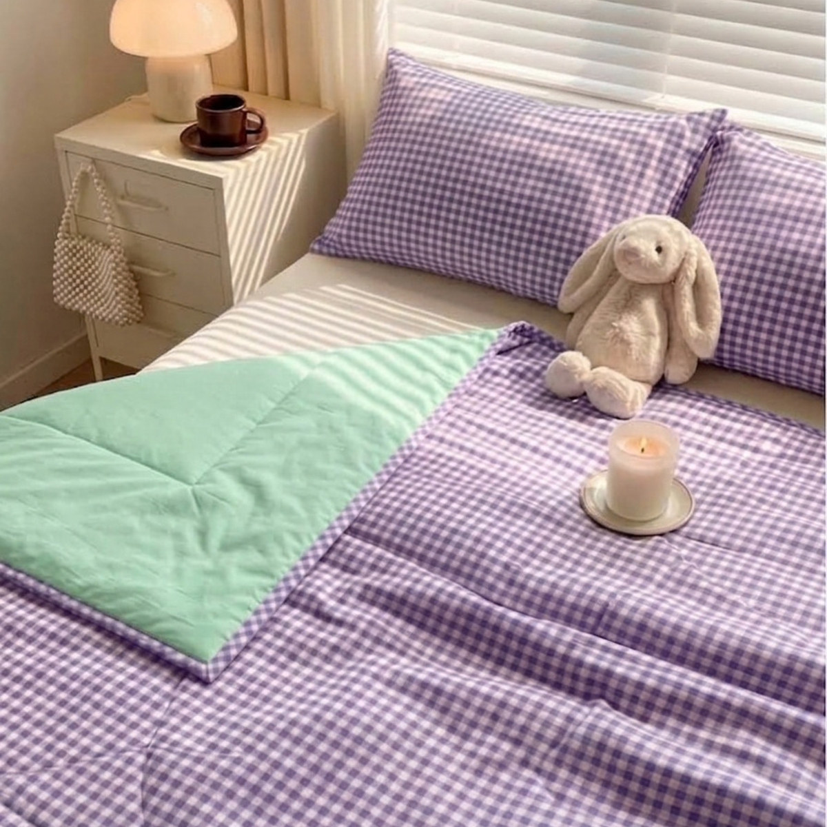 Naksh Seoul Soul Lavender-Pistachio Gingham Check Reversible Dohar