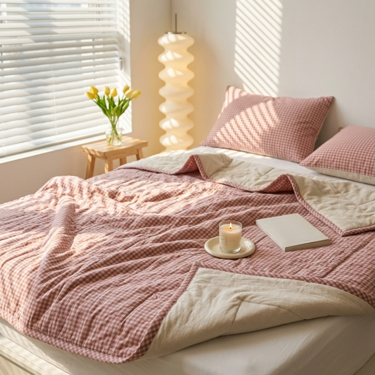 Naksh Seoul Soul Rose-Oat Milk Gingham Check Reversible Dohar