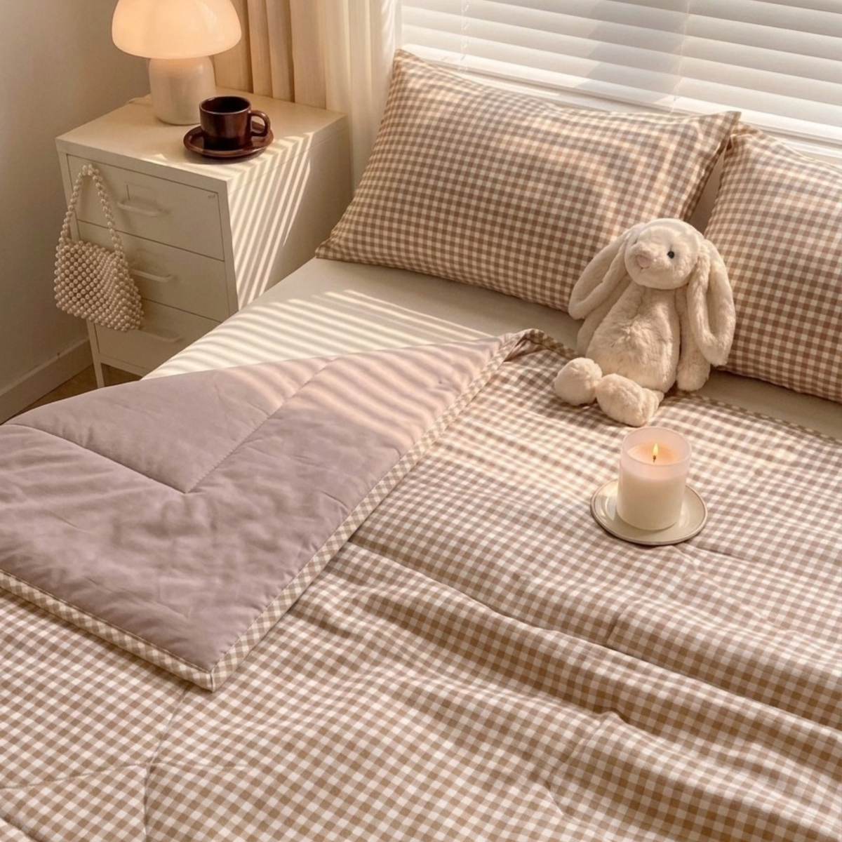 Naksh Seoul Soul Beige-Almond Silk Gingham Check Reversible Dohar