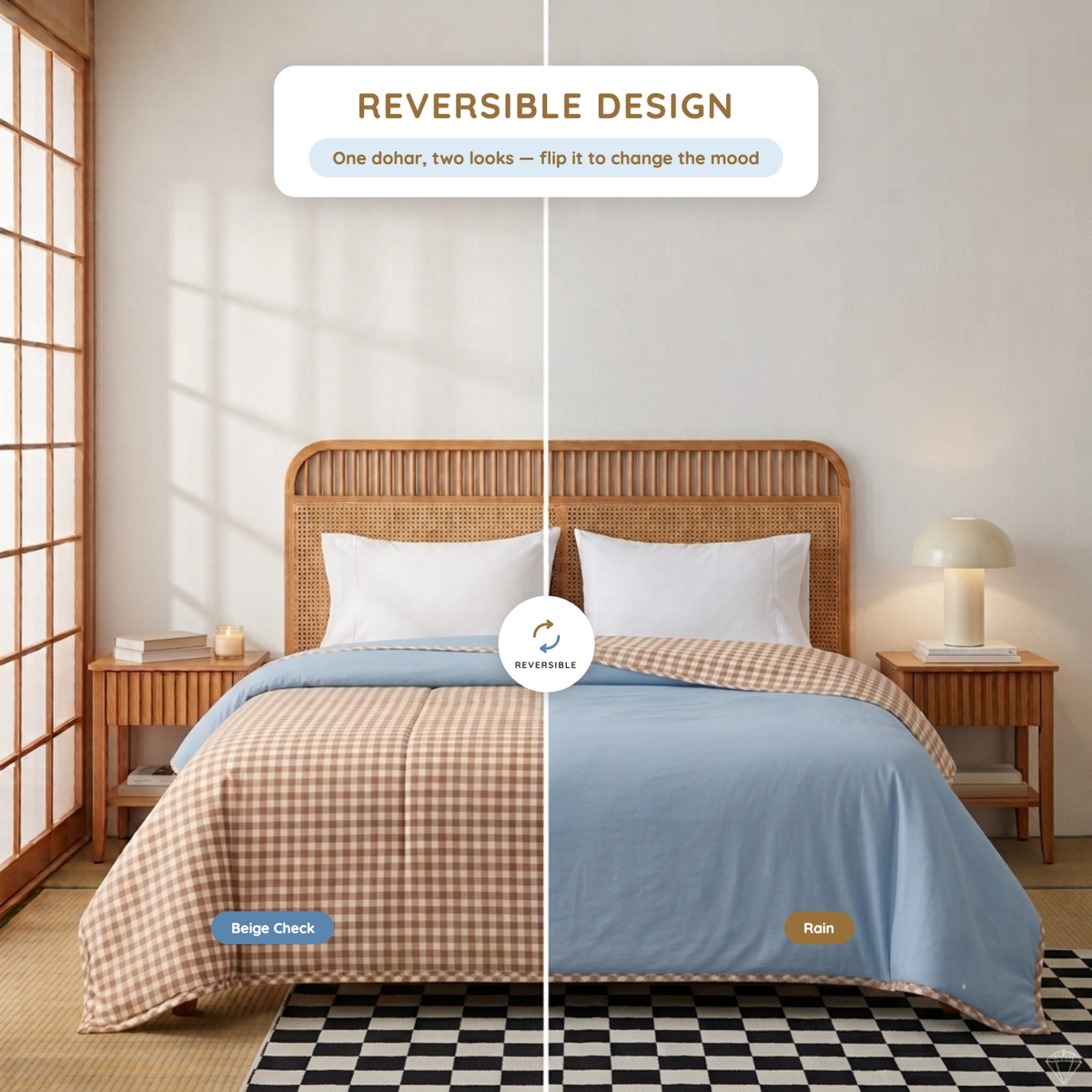 Naksh Seoul Soul Beige-Rain Gingham Check Reversible Dohar