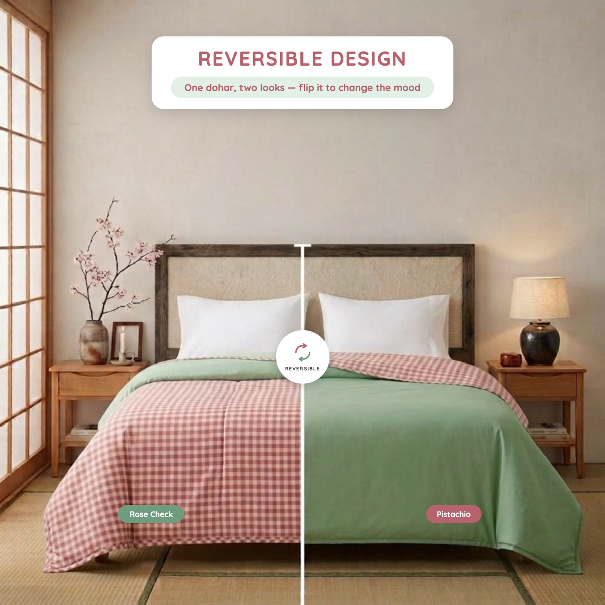 Naksh Seoul Soul Rose-Pistachio Gingham Check Reversible Dohar