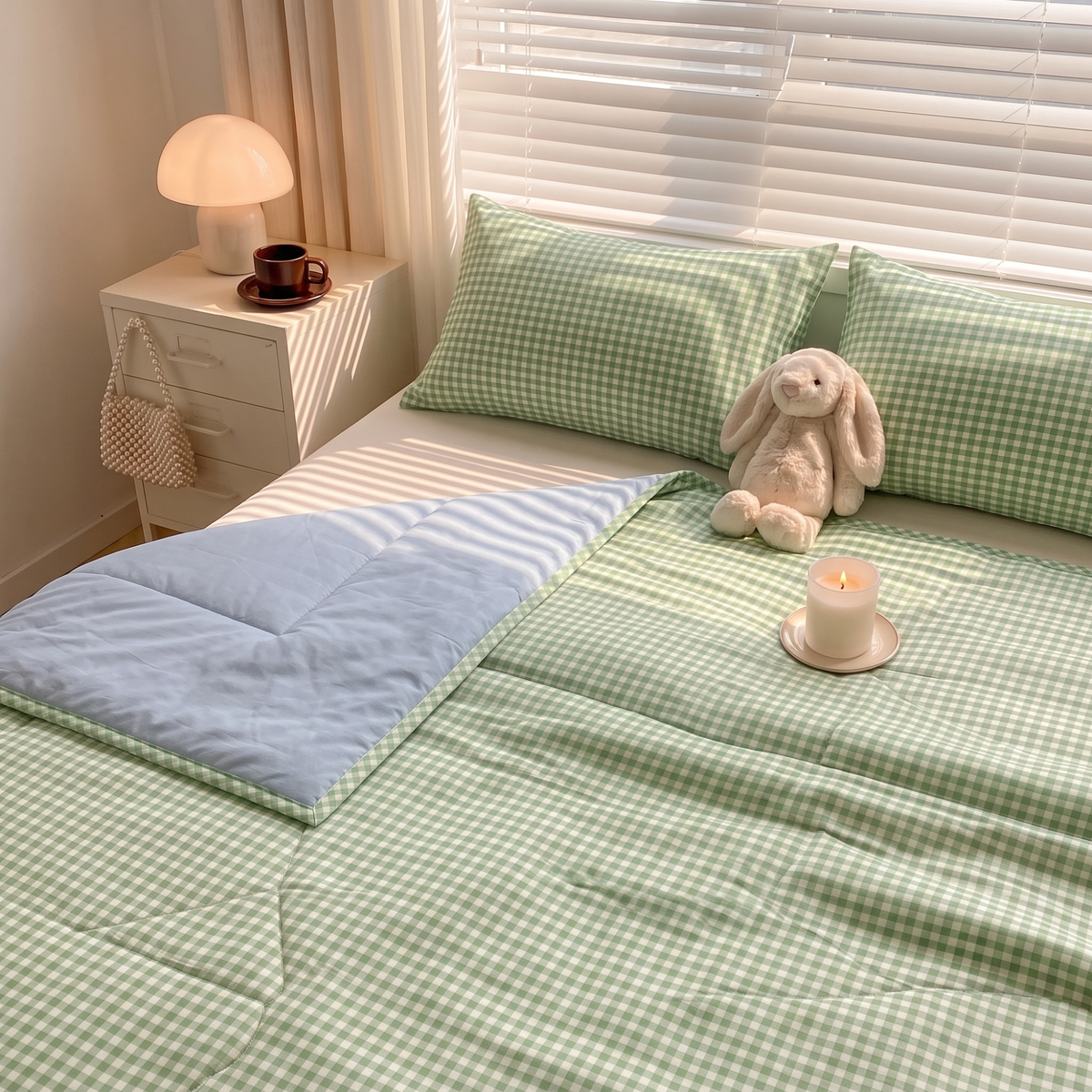 Naksh Seoul Soul Green-Rain Gingham Check Reversible Dohar