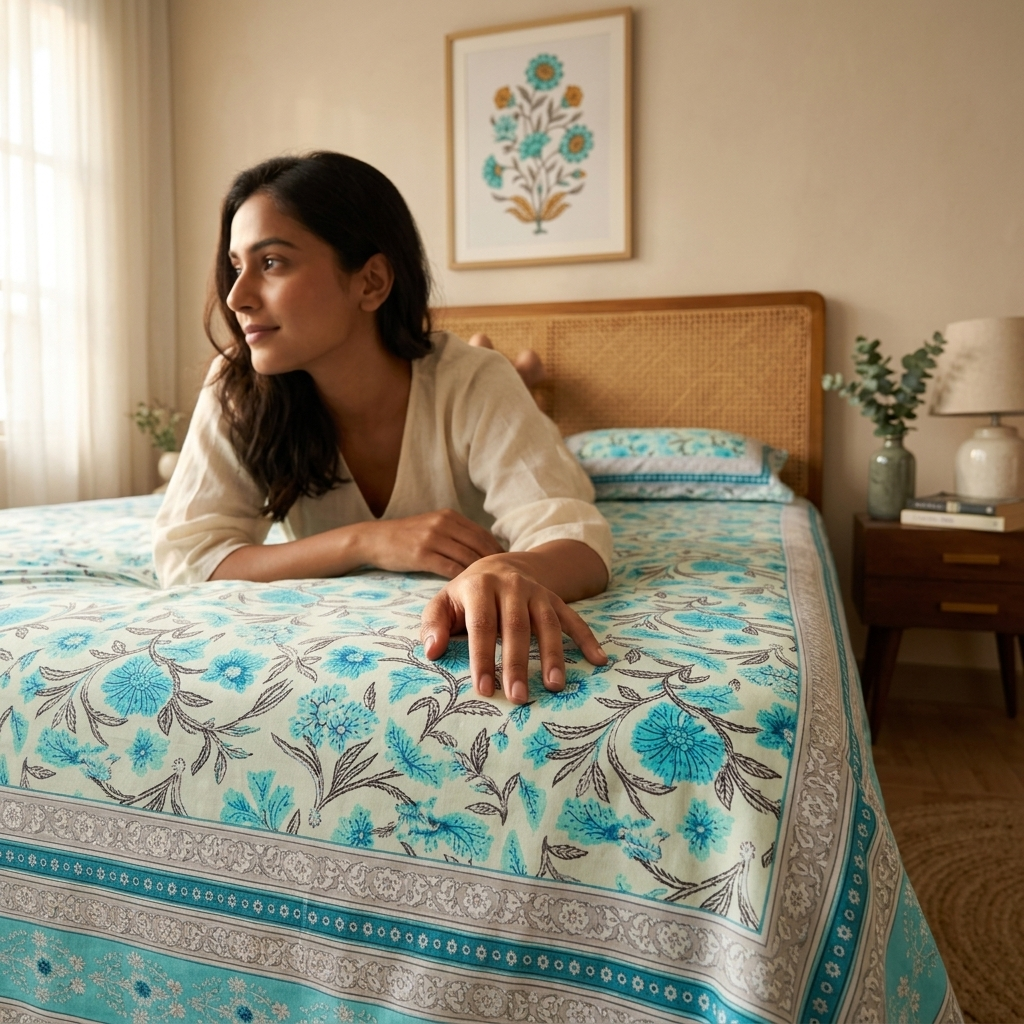 Naksh Royal Sajawat Queen Size Bedsheet - Ocean Blue