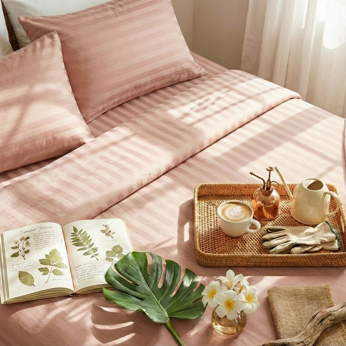 Naksh Stripes Cotton Bedsheet - Cameo Rose (210 TC)