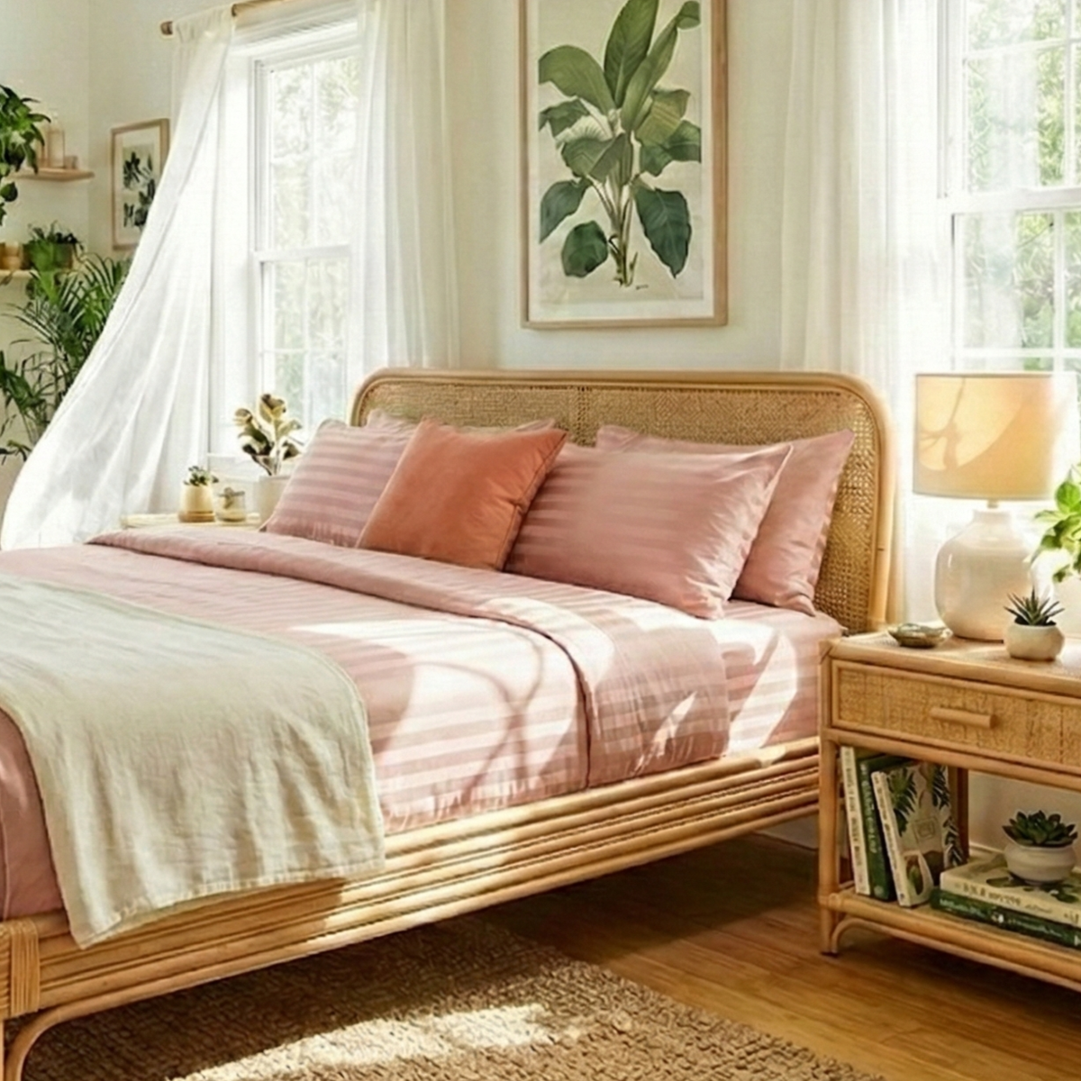 Naksh Stripes Cotton Bedsheet - Cameo Rose (210 TC)