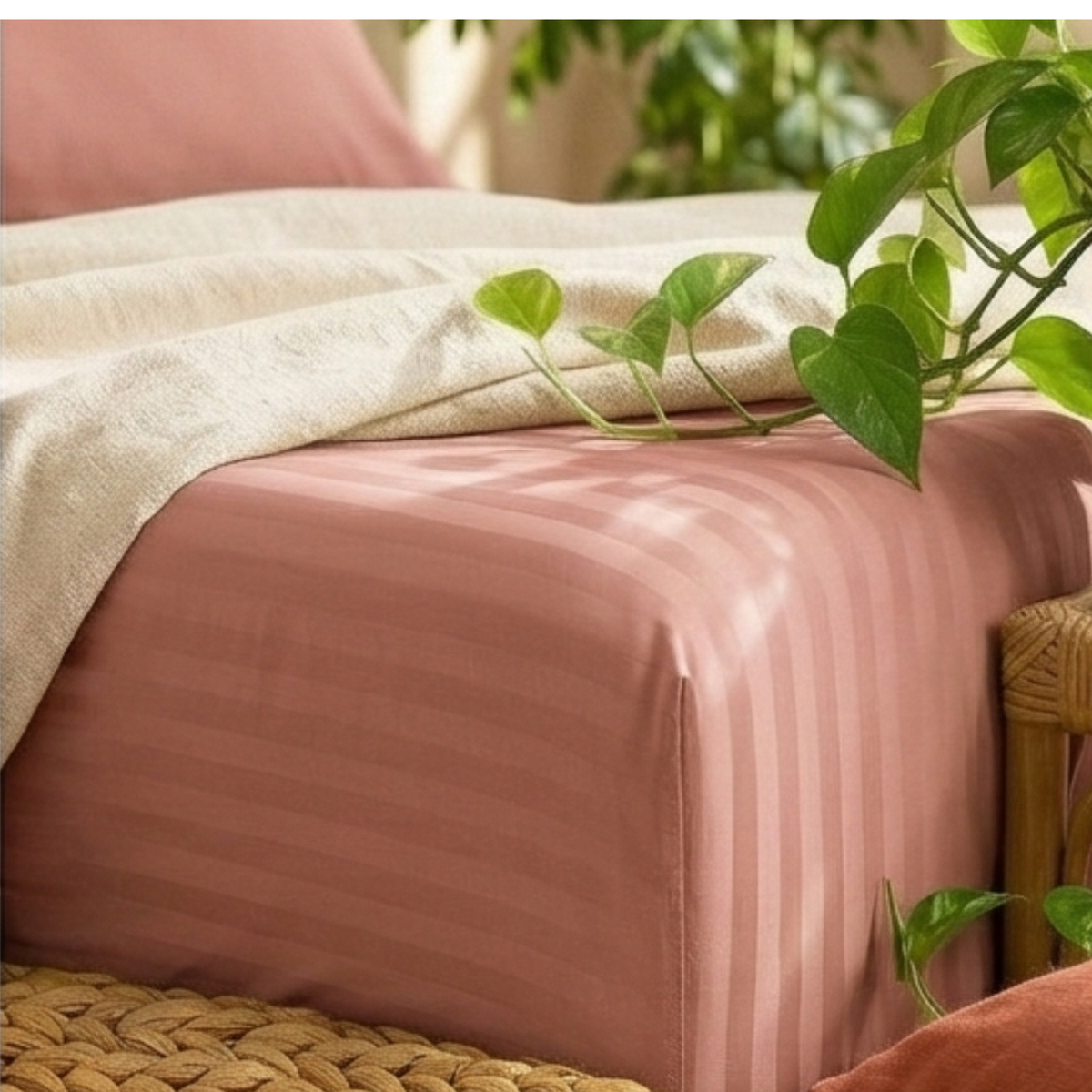 Naksh Stripes Cotton Bedsheet - Cameo Rose (210 TC)