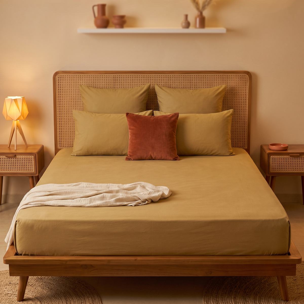 Naksh Plain Cotton Bedsheet - Beige (210 TC)